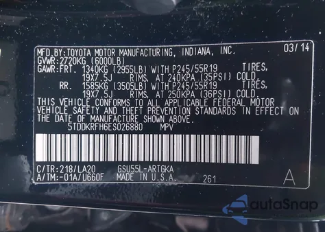 2014 Toyota Highlander Limited Platinum V6 z USA, uszkodzony, nr VIN 5TDDKRFH6ES026880